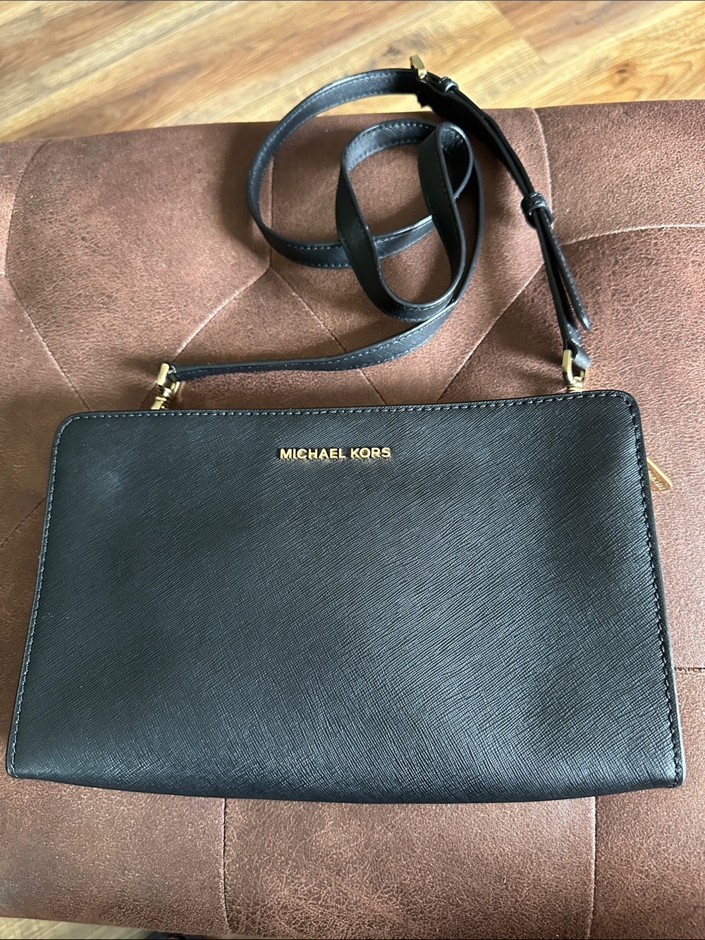 Michael Kors Black Leather Shoulder Pouch with Gold Logo